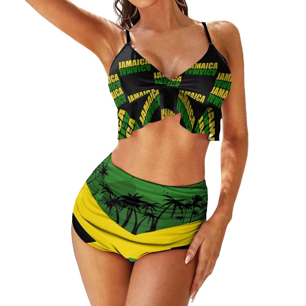 Adugen Origei Jamaica Flag Women's Bikini Swimming Costume Triangle Bathing Swimsuit Beach Party XL
