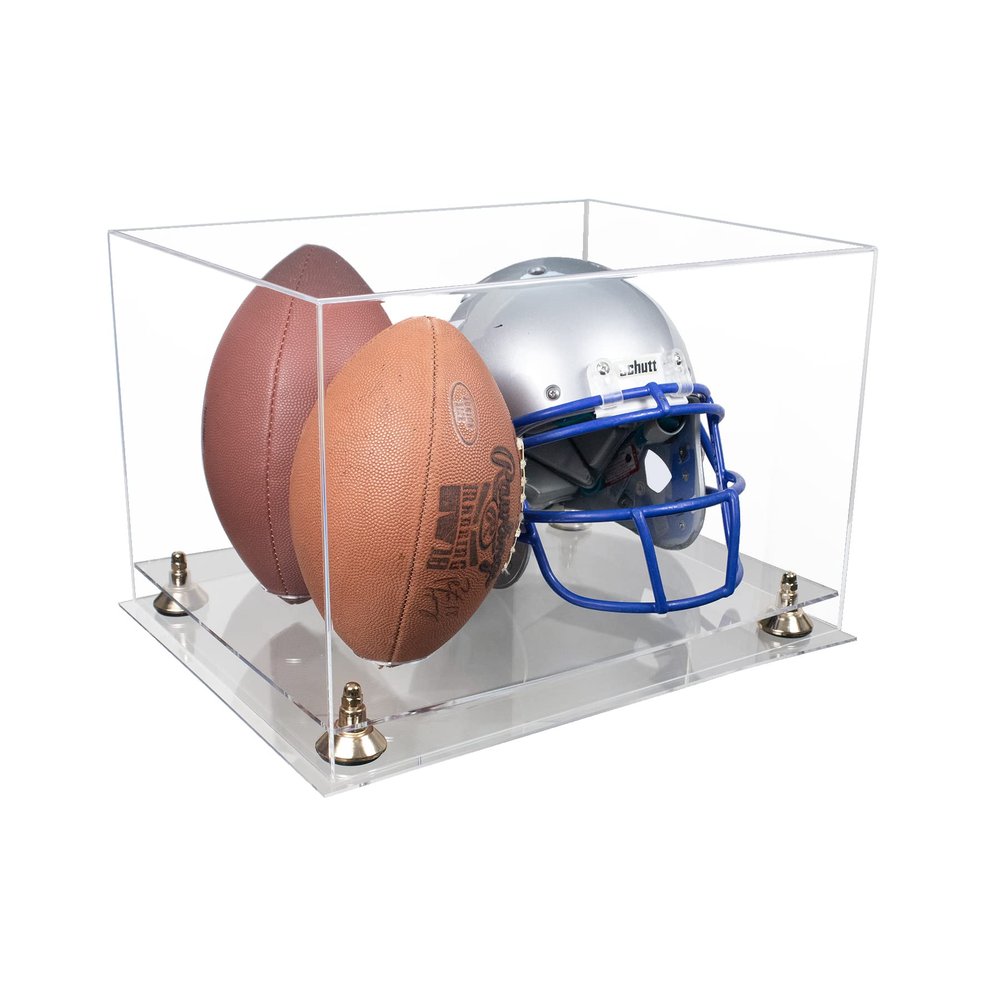 Better Display Cases Acrylic Double Football and Helmet Display Case - Large Rectangle Box with Clear Case, Gold Risers and Clear Base 18" x 14" x 12" (A014/B60)