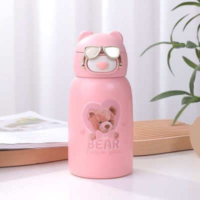 Kids Bear Insulated Bottle - Vacuum Insulated Hot Or Cold Teddy Bear Water Bottle, Drinking Spout With Straw, Cute Design Bear Water Bottle - Perfect For Staying Hydr) ated On The Go (Pink)