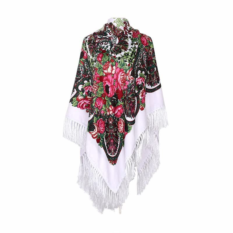 AUDME Women's Shawl Oversized Scarf Wrap Russian Babushka Traditional Retro Ukraine Printed tassels Square Scarfs61inx61in