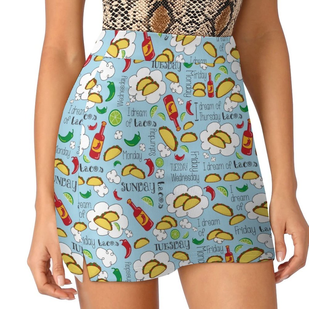 I Dream of Tacos Mexican Fiesta Days Women's Skort High Waisted A-line Short Skirt Double Layer Sport Golf Skirts Workwear L