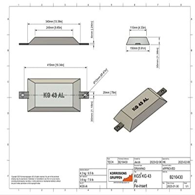 AnodeFactory By Corrosion Group Since 1989 Anode for Hull, Rudder pr timtab (Aluminum, 9.5lb)