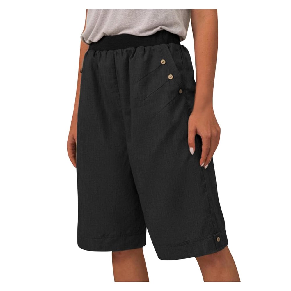 FUMOOD Womens Casual Bermuda Shorts Knee Length Elastic Waist Summer Cotton Shorts Comfy Yoga Workout Lounge Shorts Black