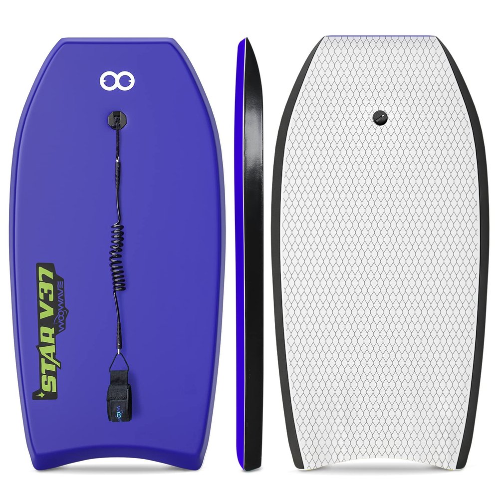 GEAVESS Bodyboard 33-inch/37-inch/42-inch Premium IXPE Body Board with Coiled Wrist Leash, Super Lightweight EPS Core and HDPE Slick Bottom, Perfect Surfing for Kids Teens and Adults(Blue, 37inch)