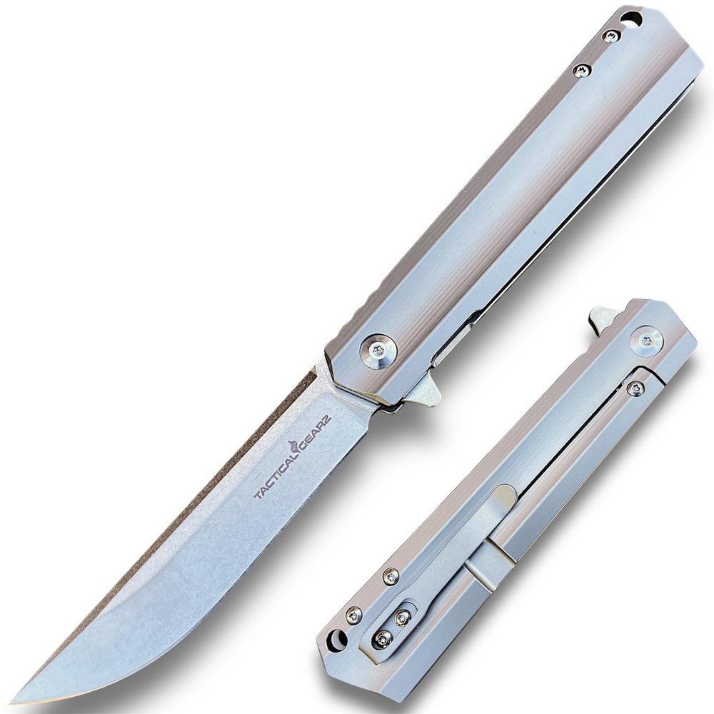 TACTICAL GEARZ Titanium Pocket Knife for EDC, Solid Tc4 Titanium Handle, Stonewashed D2 Steel Blade, Includes Sheath (Titan)