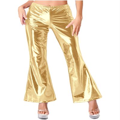 Hularka Women's Shiny Club Flared Pants Elastic Waistband Holographic 70s Disco Bell Bottom Pants Gold Small