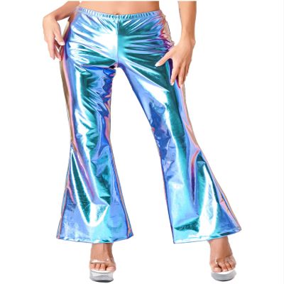 Hularka Women's Shiny Club Flared Pants Elastic Waistband Holographic 70s Disco Bell Bottom Pants Blue Medium