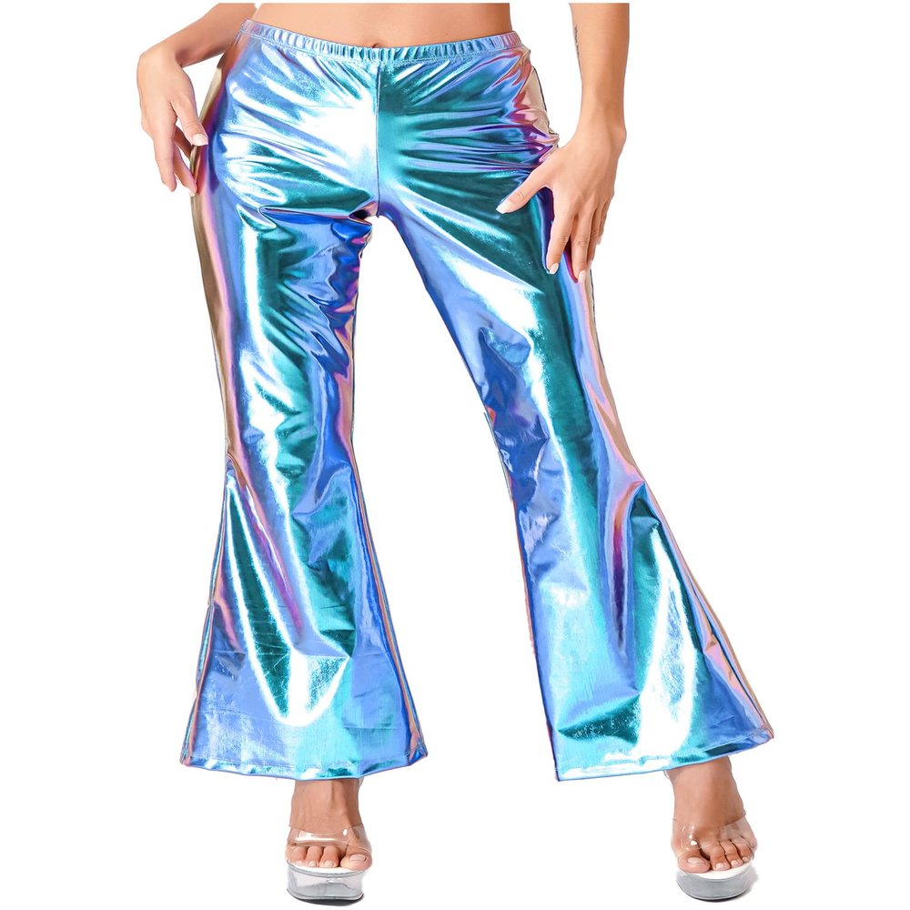 Hularka Women's Shiny Club Flared Pants Elastic Waistband Holographic 70s Disco Bell Bottom Pants Blue Medium