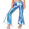 Hularka Women's Shiny Club Flared Pants Elastic Waistband Holographic 70s Disco Bell Bottom Pants Blue Medium view 2