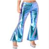 Hularka Women's Shiny Club Flared Pants Elastic Waistband Holographic 70s Disco Bell Bottom Pants Blue Medium view 3