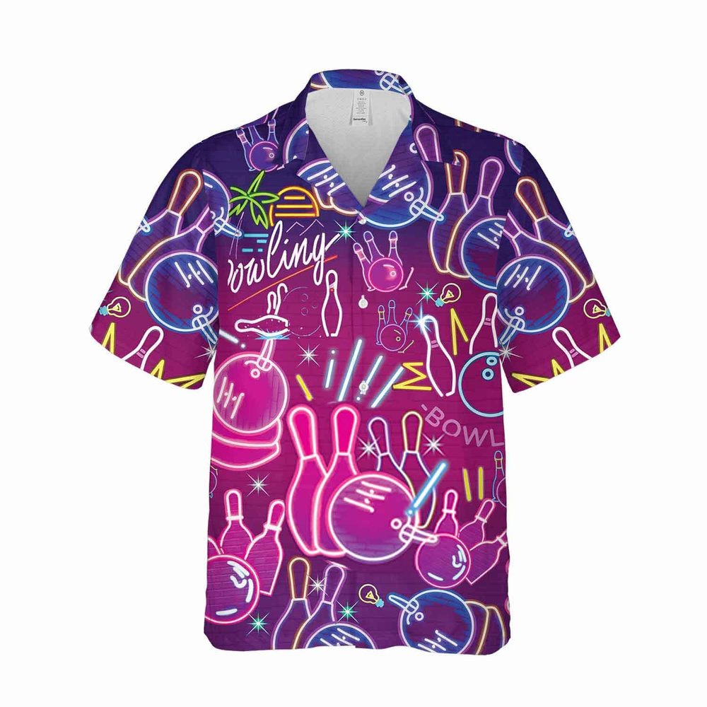 V-DECORPARKS Bowling Strike! Hawaiian Shirts for Men - Neon Bowling Mens Hawaiian Button Down Short Sleeve Shirts Set 16 Size 2XL