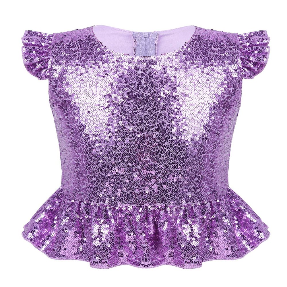 ACSUSS Kids Girls Shiny Metallic Camis Top Gymnastics Ballet Dance Camisole Leotard Tank Tops Vest Dancewear Ruffled Lavender 12 Years