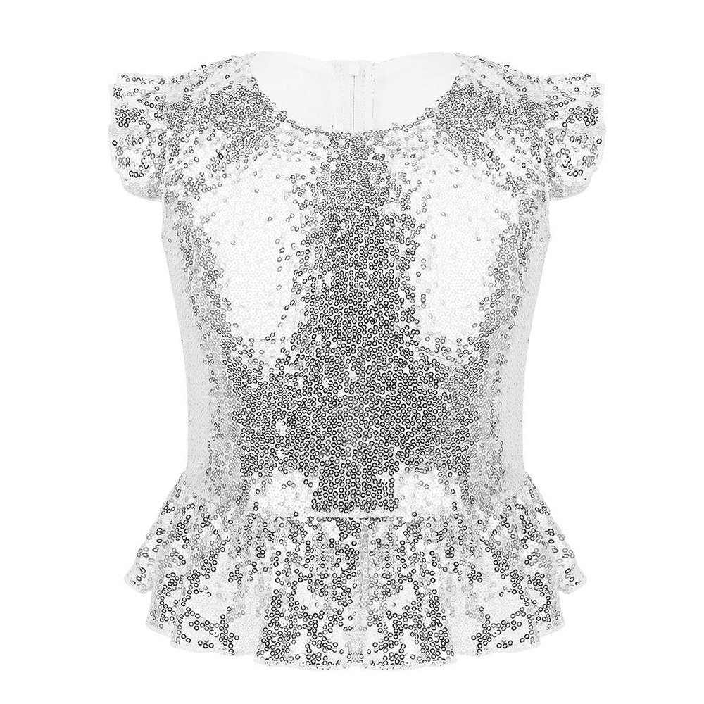 ACSUSS Kids Girls Shiny Metallic Camis Top Gymnastics Ballet Dance Camisole Leotard Tank Tops Vest Dancewear Ruffled Silver 10 Years