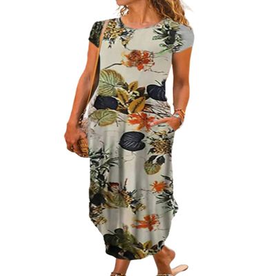 AHAIJ Women Summer Casual Maxi Dress Floral Printed Loose Pockets Short Sleeve Split Boho Dresses (as1, Alpha, l, Regular, Regular, Apricot)
