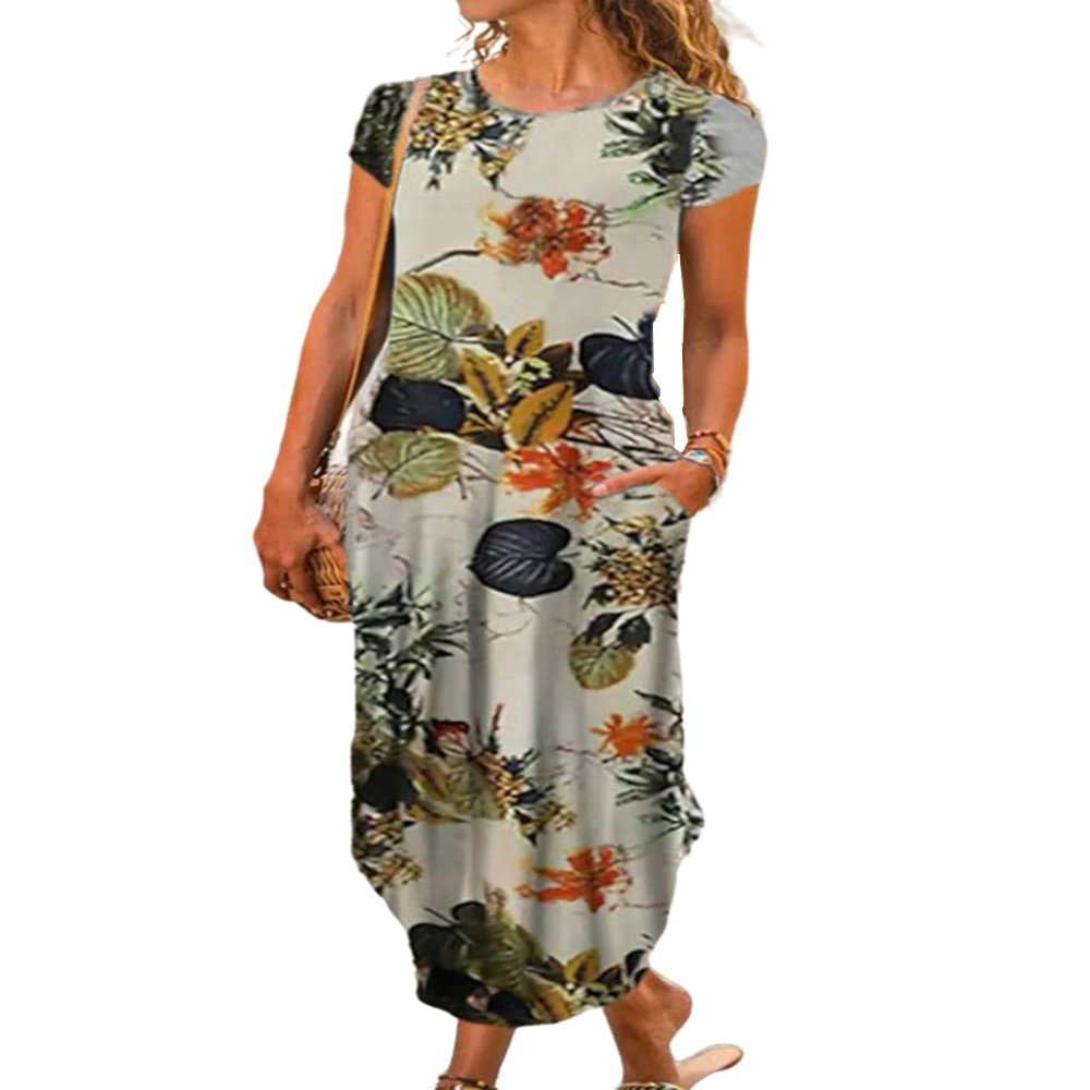 AHAIJ Women Summer Casual Maxi Dress Floral Printed Loose Pockets Short Sleeve Split Boho Dresses (as1, Alpha, l, Regular, Regular, Apricot)