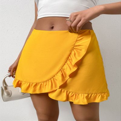 AMDMG Shorts for Women Shorts Women's Shorts Solid Ruffle Trim Wrap Skort Shorts (Color : Yellow, Size : Small)