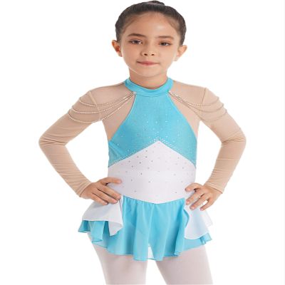 CHICTRY Kids Girls Long Sleeve Rhinestone Chain Mesh Patchwork Dance Costume Figure Ice Skating Dress Lyrical Dress Blue 10 Years