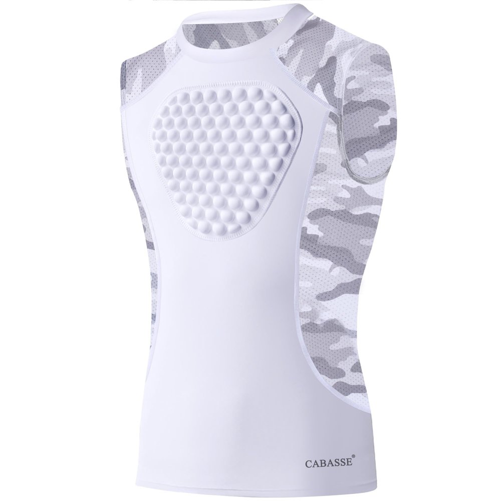 Cabasse Youth Chest Protector, Heart-Guard/Sternum Protection Shirt for Baseball, Football, T Ball, Lacrosse & Goalies (Large, White/Camo (Crewneck))