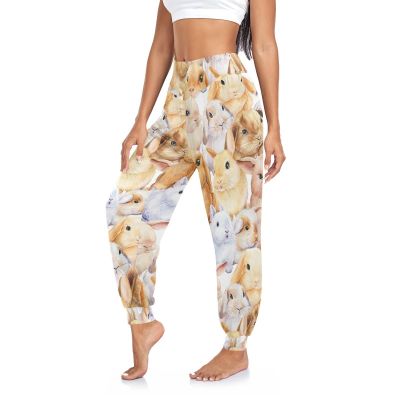 Aflyko Easter Women Dance Pants Cute Bunny Rabbits Boho Trousers Yoga Sweatpants Moisture-Wicking Casual Sportwear Relaxed Fit Harem Pants L