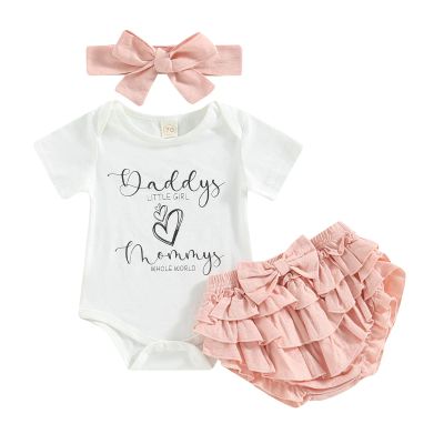 Newborn Infant Baby Girl Outfit 3pcs Letter Print Western Clothes Sets Short Sleeve Tassel T-Shirts Shorts (White-Daddy's Girl, 6-12 Months)