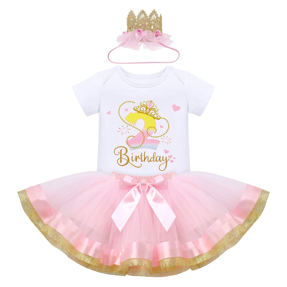 2nd Second Birthday Girl Outfit Baby I'm Two Years Old Fairy Themed Party Cake Smash Photo Shooting Props White Romper Bodysuit Tutu Tulle Skirt Crown Tiara Headband Set Pageant Wedding Baby Pink 2T