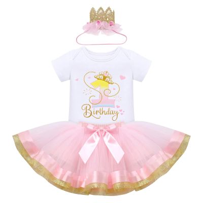 1st First Birthday Girl Outfit Baby I'm One Year Old Fairy Themed Party Cake Smash Photo Shooting Props White Romper Bodysuit Tutu Tulle Skirt Crown Tiara Headband Set Pageant Wedding Baby Pink 1T