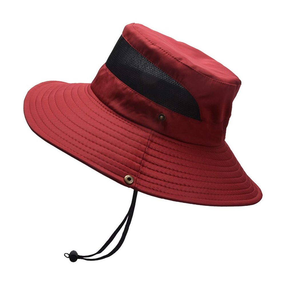 Mens Outdoor Bucket Hat Mesh Breathable Sunshade Fisherman Cap Sunscreen Foldable Sun Visor Hat Outdoor Hiking Cap (Wine, One Size)