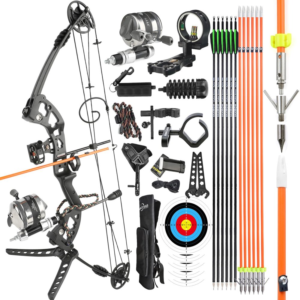 surwolf Bowfishing Compound Bow Kit Ready to Fish Kit with Bowfishing Reel, Bow Fishing Arrows Right & Left Hand for Adult/Youth Fishing Hunting, Target Shooting (Right Handed, Black)