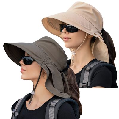 ZEXIAN Womens Sun Hat UPF 50+ Wide Brim and Ponytail Hole, Hiking Safari Hat with Neck Flap(Beige & Army Green)