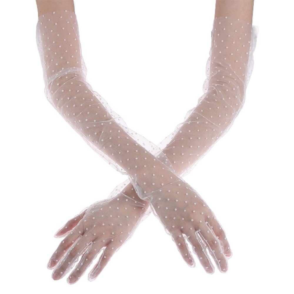 Aularso Long Lace Tulle Gloves for Women - Polka Dot Opera & Wedding Gloves - White, Long