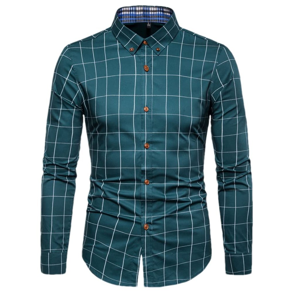 Men's Plaid Cotton Dress Shirts Male Work Shirt Long Sleeve Shirt Men Dress Shirt mo lv se Asia XL 59 to 65 kg