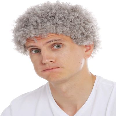 Wiwige Grey Afro Wig for Men Short Curly Halloween Disco Rock Heat Resistant Synthetic Wigs with Wig Cap