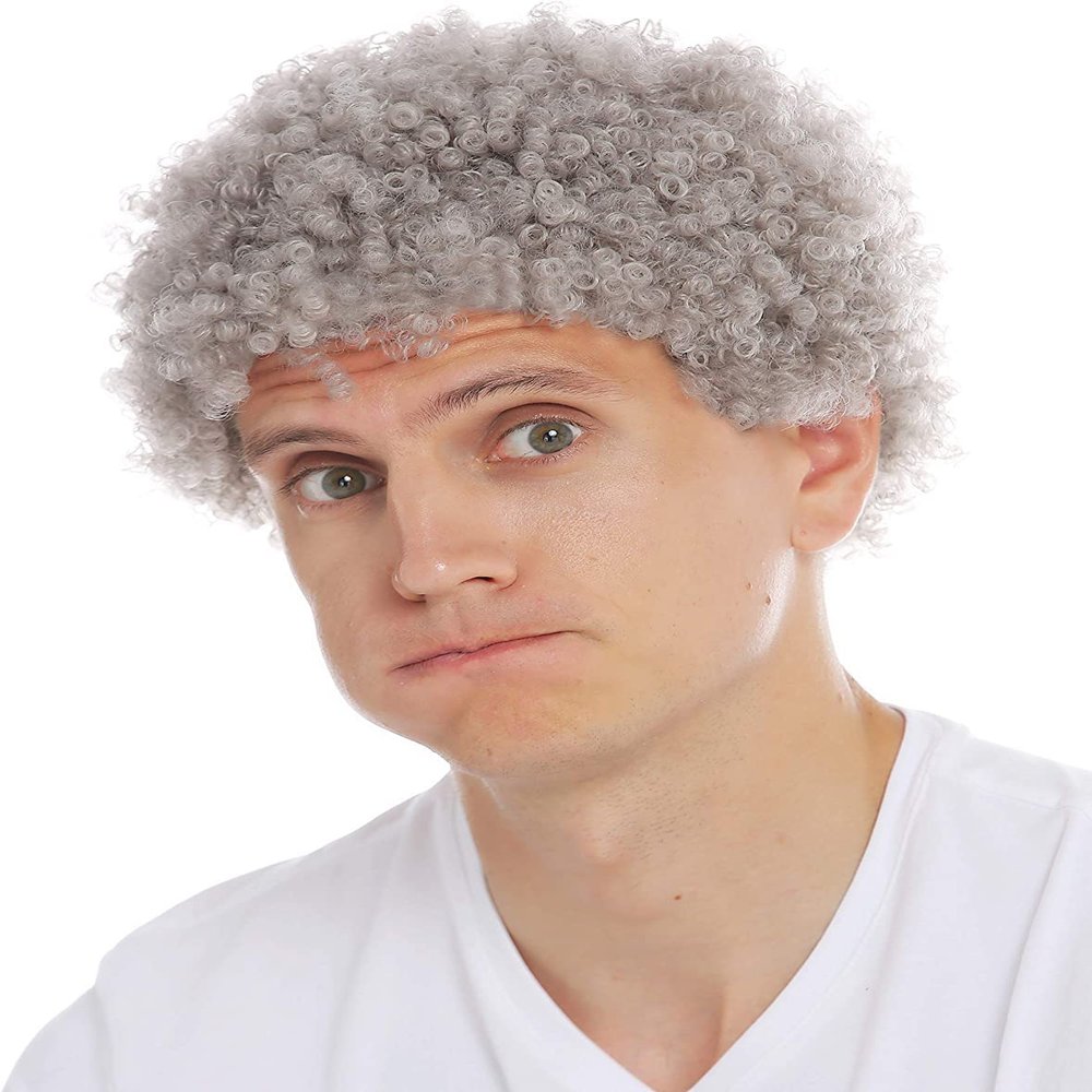 Wiwige Grey Afro Wig for Men Short Curly Halloween Disco Rock Heat Resistant Synthetic Wigs with Wig Cap
