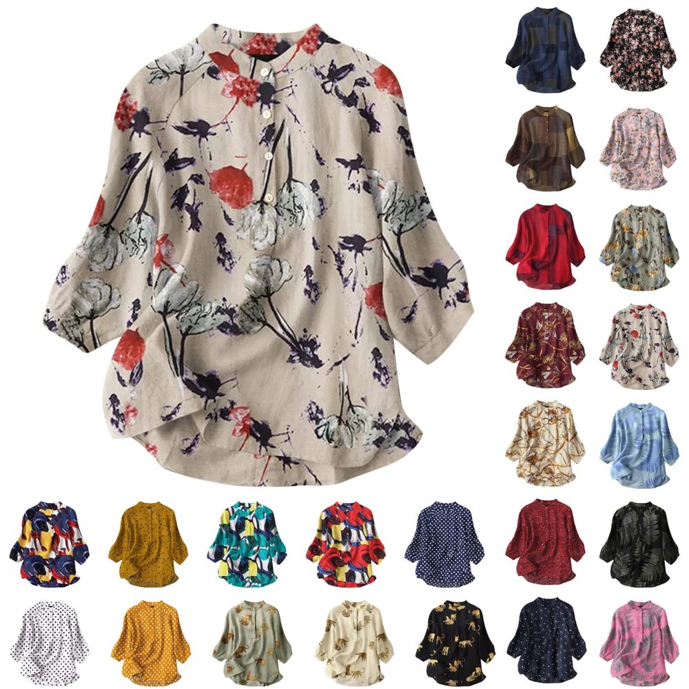 Button Down Shirts for Women Boho Floral Flowy Tops Casual Loose Tunic Dressy Blouses Cotton Linen Long Sleeve Shirt