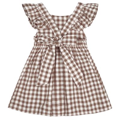 AGQT Little Girls Plaid Dress Gingham Fly Sleeve Backless Summer Dresses Spring Smocked Birthday Easter Dresses Khaki Size 7-8 Years