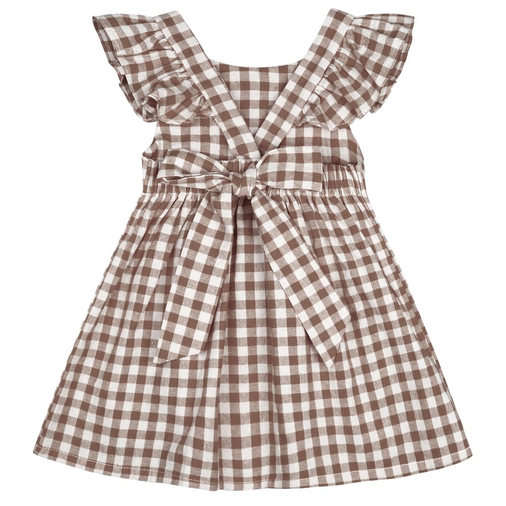 AGQT Little Girls Plaid Dress Gingham Fly Sleeve Backless Summer Dresses Spring Smocked Birthday Easter Dresses Khaki Size 7-8 Years