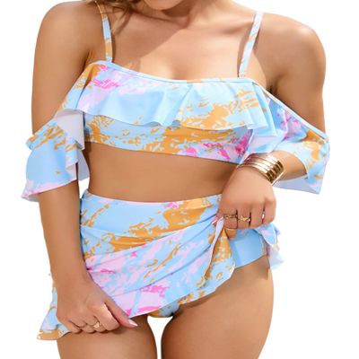 BLUEMING Two Piece High Waisted Swimsuits for Women Tummy Control Ruffle Flounce Bikini Set Off Shoulder Swimwear Sky Blue