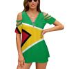 Guyana Flag Women's Cold Shoulder Shirts Short Sleeve Print T-Shirt Casual V Neck Zip Blouses Tops 2XL view 1