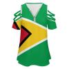Guyana Flag Women's Cold Shoulder Shirts Short Sleeve Print T-Shirt Casual V Neck Zip Blouses Tops 2XL view 4