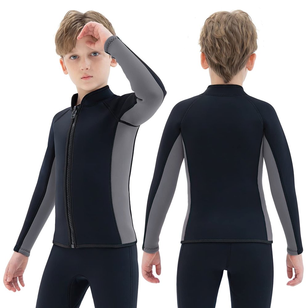 REALON Kids Wetsuit Top Jacket for Boys Girls Toddler Youth, Children's Wet Suit Shirt Neoprene 3mm Long Sleeve Front Zipper Swimsuit for Swimming Surfing Dive Snorkeling Water Sports