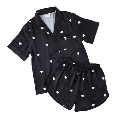 Balla Sleep + Spa Black and White Heart Pattern Satin Polyester Women's 2 Piece Short PJ Pajama Sleepwear Lounge Set, Medium