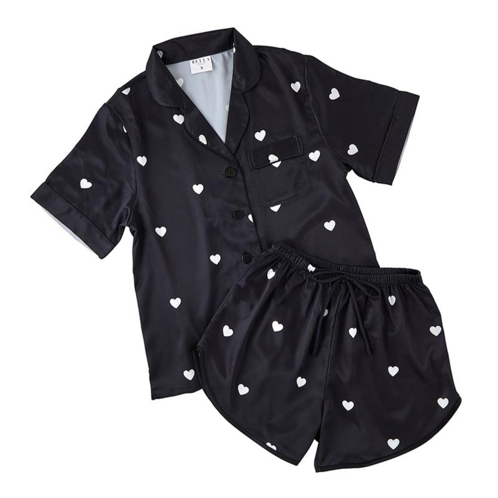 Balla Sleep + Spa Black and White Heart Pattern Satin Polyester Women's 2 Piece Short PJ Pajama Sleepwear Lounge Set, Medium