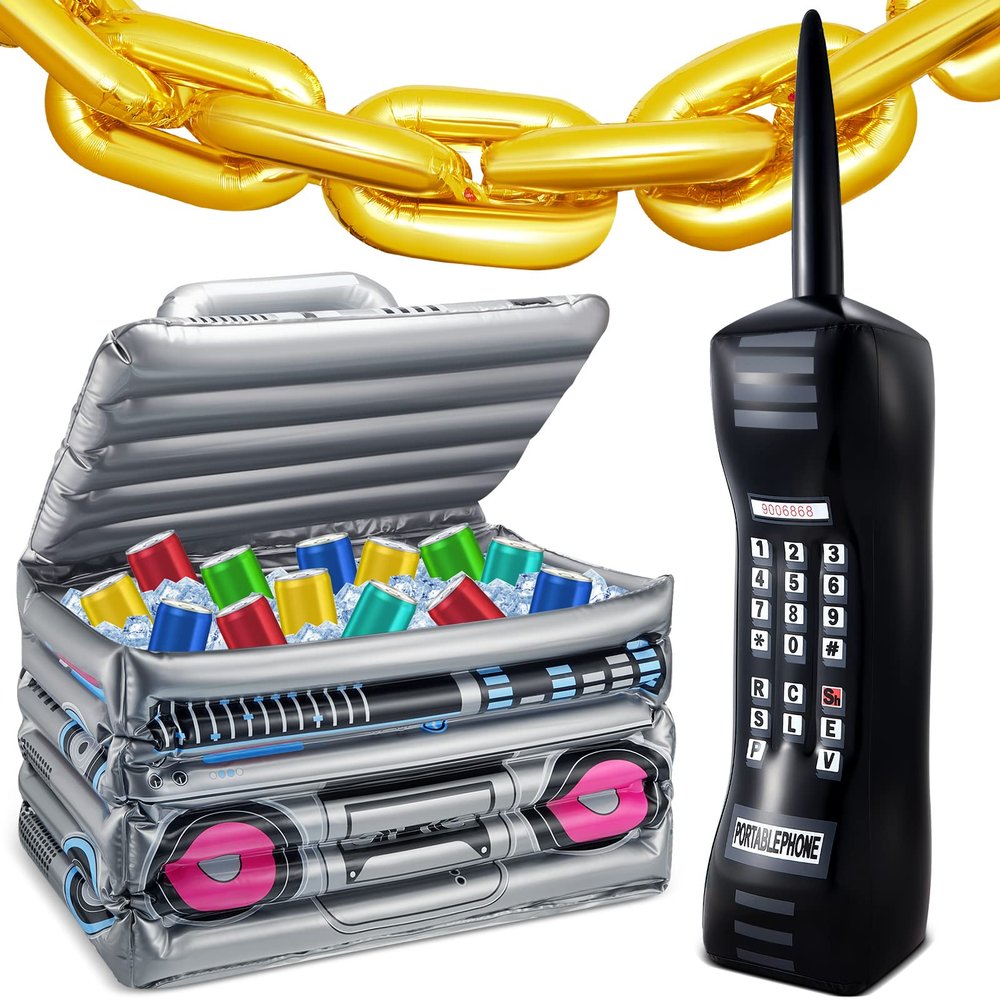 Cunhill 22 Pcs 80s 90s Party Decorations Include Inflatable Boom Box Beverage Cooler, Inflatable Mobile Phone and 20 Gold Foil Chain Balloons for Hip Hop Theme Supplies Cosplay Props