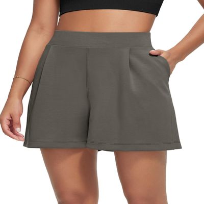 ODODOS Modal Soft Wide Leg Shorts for Women 4" High Waist Casual Relaxed Shorts with Pockets, Deep Grey, Large
