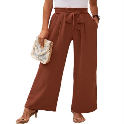 Heymoments Women's Wide Leg Lounge Pants with Pockets Brown XX-Large Lightweight High Waisted Adjustable Tie Knot Loose Comfy Casual Trousers