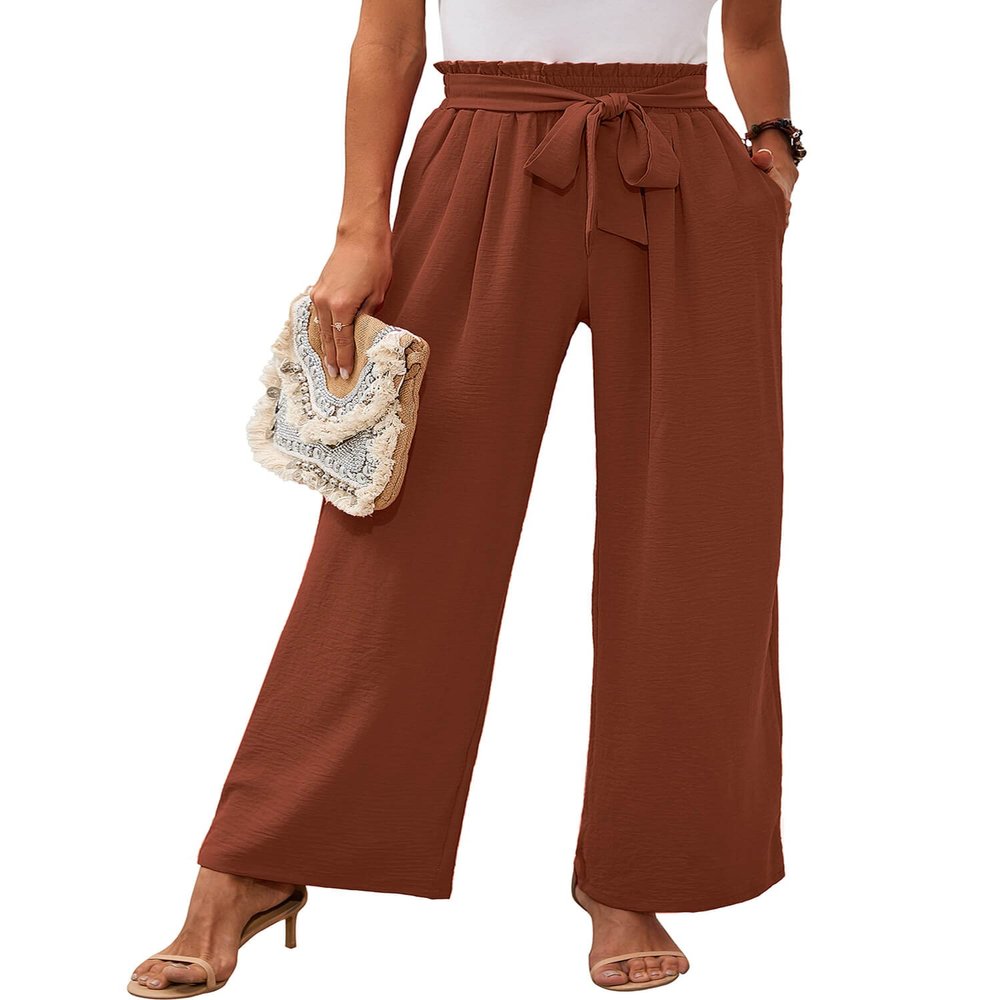 Heymoments Women's Wide Leg Lounge Pants with Pockets Brown XX-Large Lightweight High Waisted Adjustable Tie Knot Loose Comfy Casual Trousers