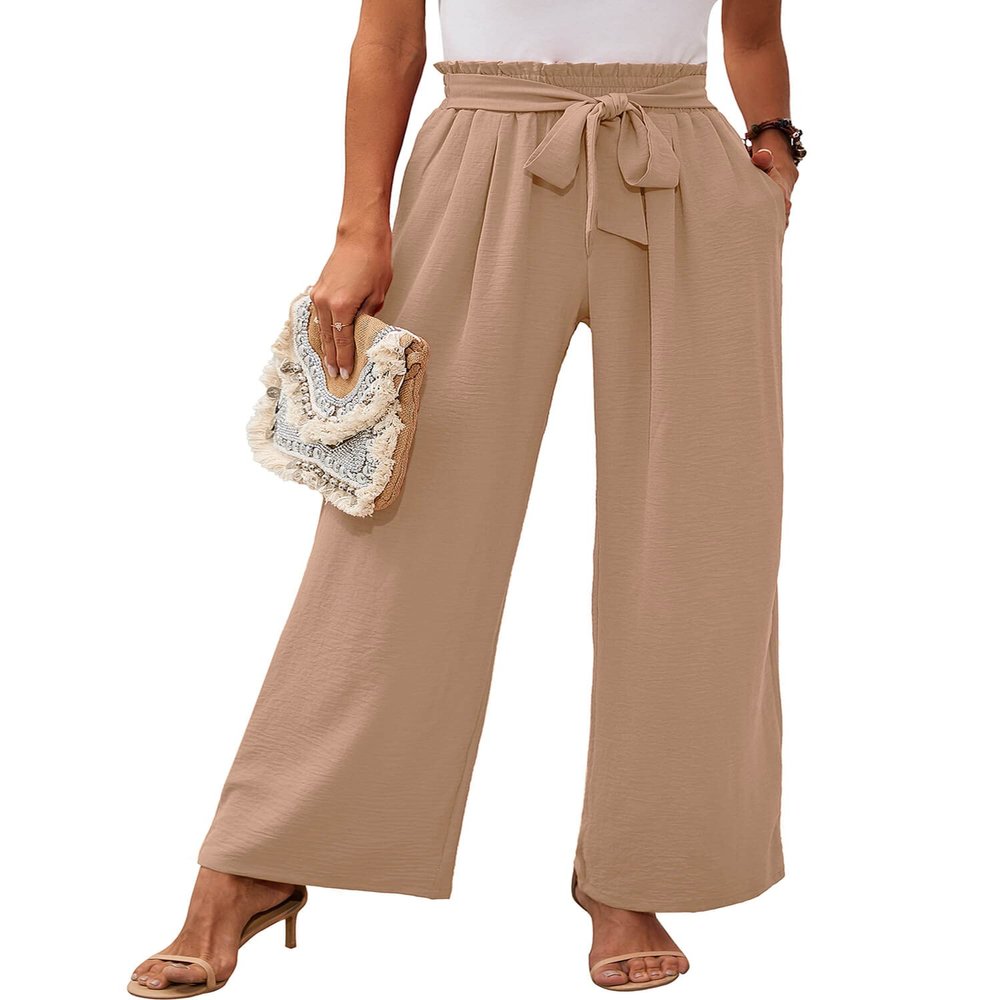 Heymoments Women's Wide Leg Lounge Pants with Pockets Khaki Large Lightweight High Waisted Adjustable Tie Knot Loose Comfy Casual Trousers