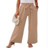 Heymoments Women's Wide Leg Lounge Pants with Pockets Khaki Large Lightweight High Waisted Adjustable Tie Knot Loose Comfy Casual Trousers view 1