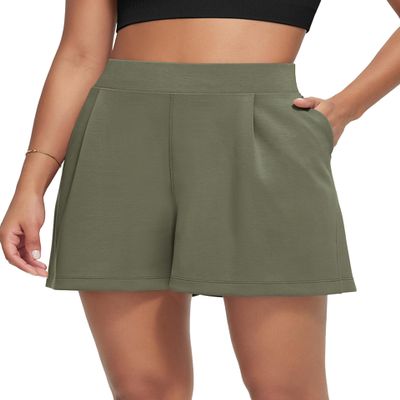 ODODOS Modal Soft Wide Leg Shorts for Women 4" High Waist Casual Relaxed Shorts with Pockets, Dark Sage, X-Large