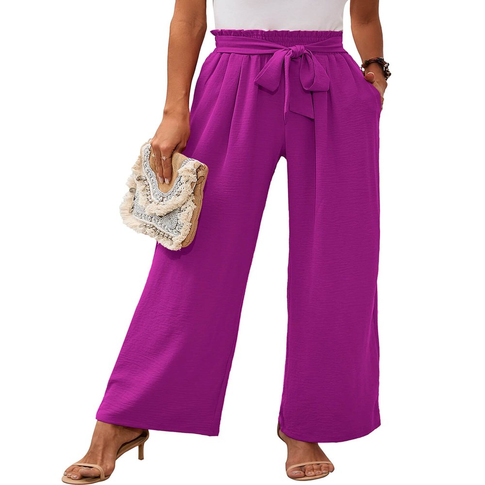 Heymoments Women's Wide Leg Lounge Pants with Pockets Magenta Medium Lightweight High Waisted Adjustable Tie Knot Loose Comfy Casual Trousers